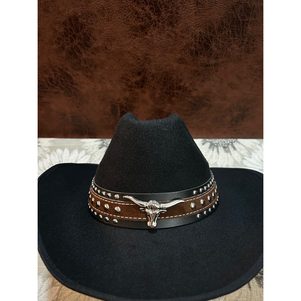 Eighty Eight Black Felt Cowboy Hat Bull Skull Studded Band‎ Western Boho Womens